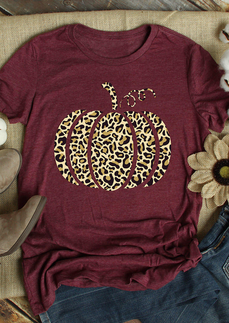 Buy Leopard Pumpkin O-Neck T-Shirt Tee - Burgundy. Picture