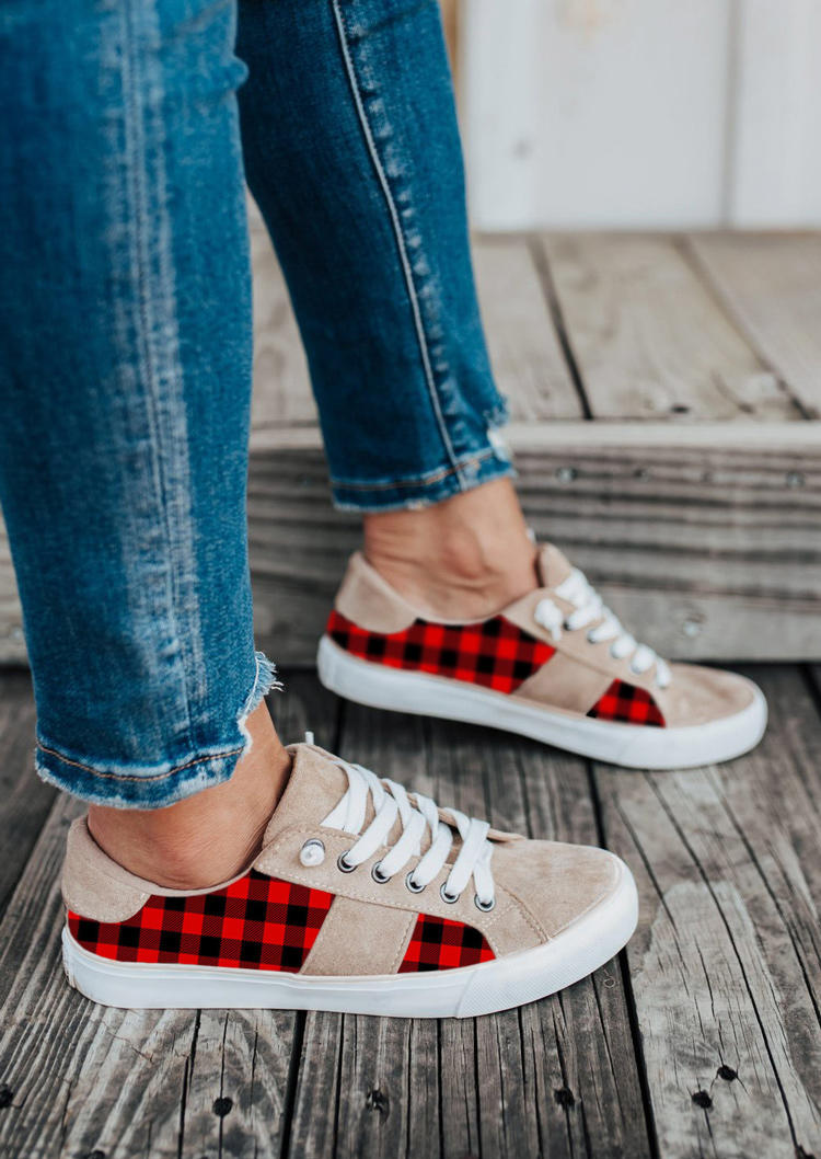 

Buffalo Plaid Splicing Lace Up Flat Sneakers - Apricot, 520645