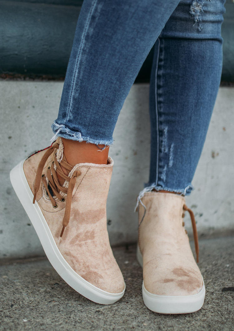 

Buffalo Plaid Lace Up Round Toe Flat Sneakers - Apricot, 520652