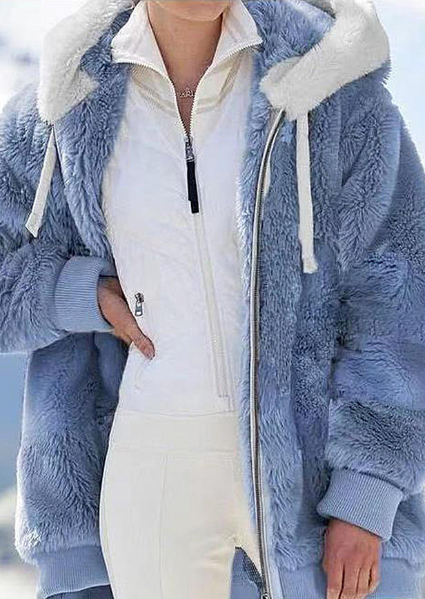 

Fuzzy Zipper Long Sleeve Hooded Coat - Blue, 520670