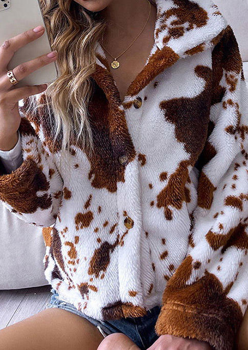

Fuzzy Cow Button Pocket Warm Coat, Multicolor, 520672