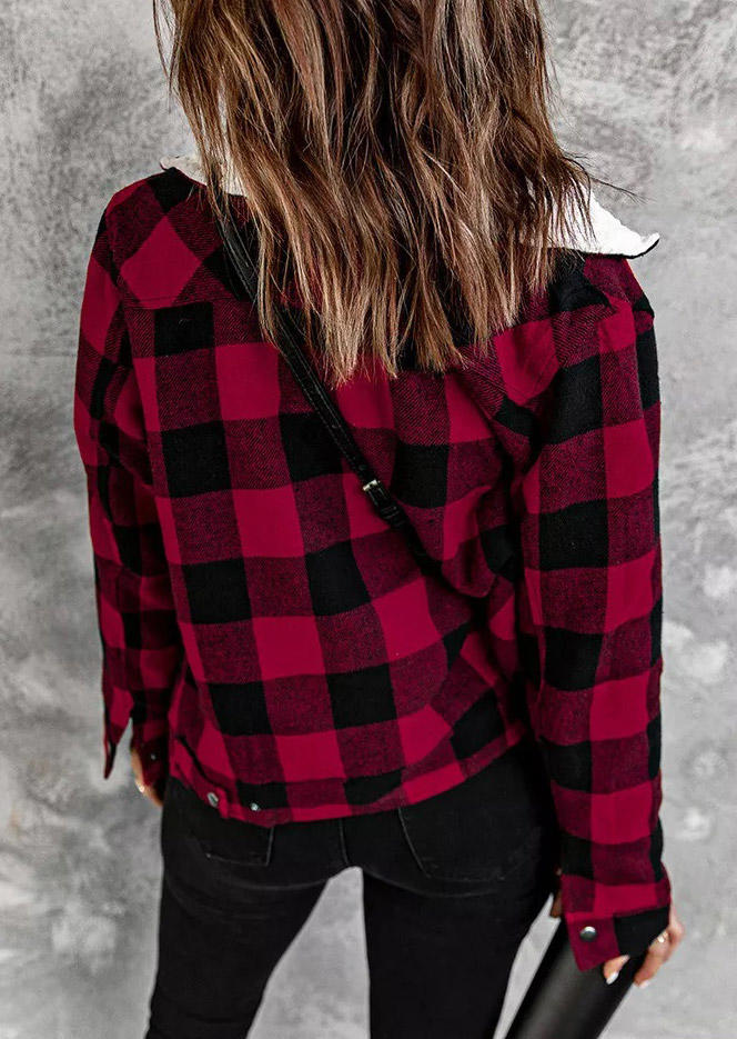 Plaid Pocket Button Turn-down Collar Coat - Red