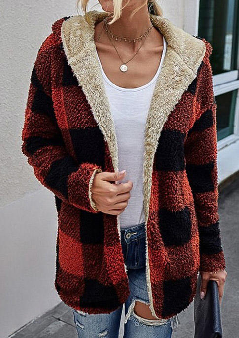 Fuzzy Plaid Double-Sided Long Sleeve Hooded Coat, 520692