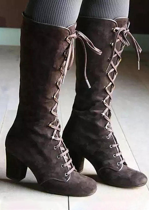 Lace Up Round Toe Heeled Boots - Dark Coffee, 520697