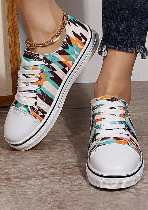 

Aztec Geometric Western Lace Up Flat Sneakers, Multicolor, 520698