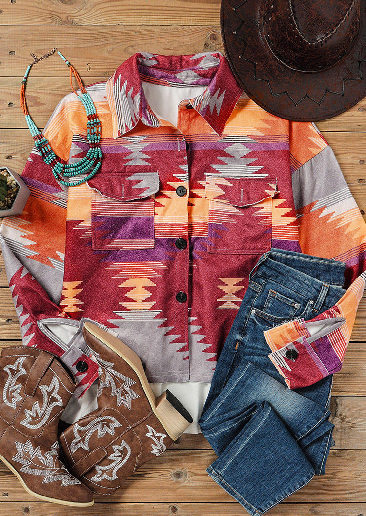 

Aztec Geometric Slit Button Pocket Coat - Brick Red, 520098