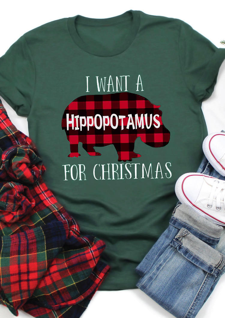 I Want A Hippopotamus For Christmas Plaid T-Shirt Tee - Green