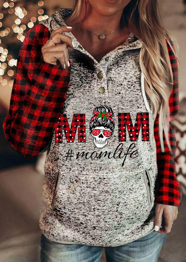 

Mom Life Plaid Skull Long Sleeve Hoodie - Light Grey, 520195