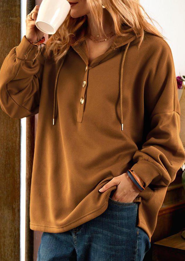 

Button Drawstring Long Sleeve Hoodie - Brown, 520198