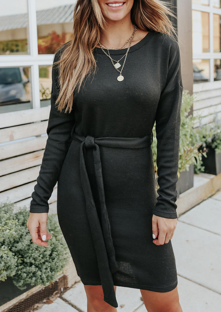 Long Sleeve O-Neck Mini Dress - Black