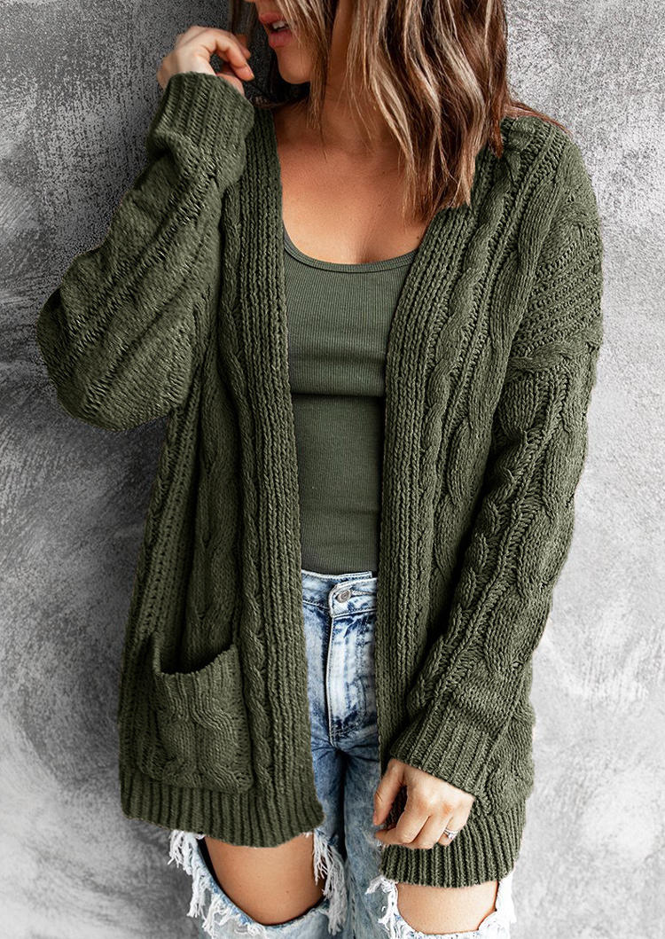 

Crochet Pocket Knitted Cardigan - Army Green, 520328