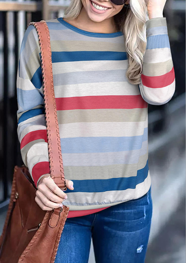 

Colorful Striped Long Sleeve O-Neck Blouse, Stripe, 520337