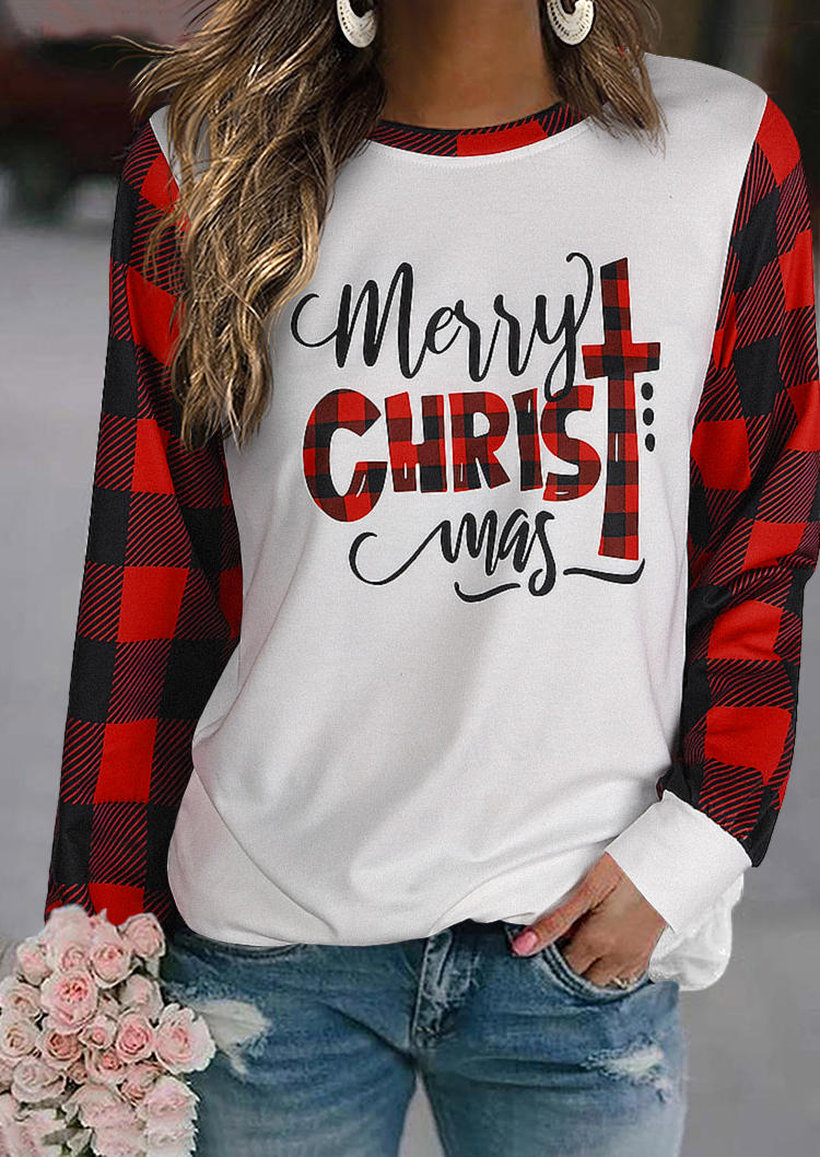 Buy Merry Christmas Buffalo Plaid Cross Sweatshirt - White. Picture