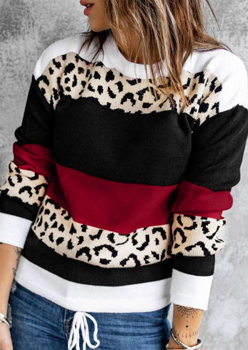 

Leopard Color Block O-Neck Sweater, Multicolor, 520601
