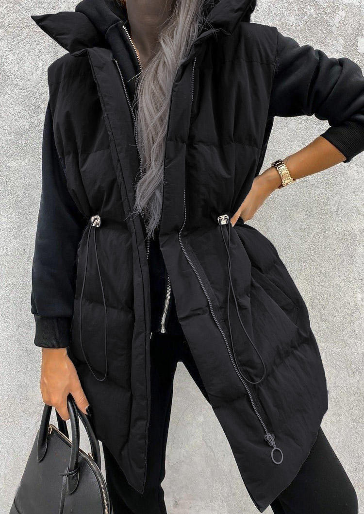 

Drawstring Zipper Sleeveless Vest Coat - Black, 520683