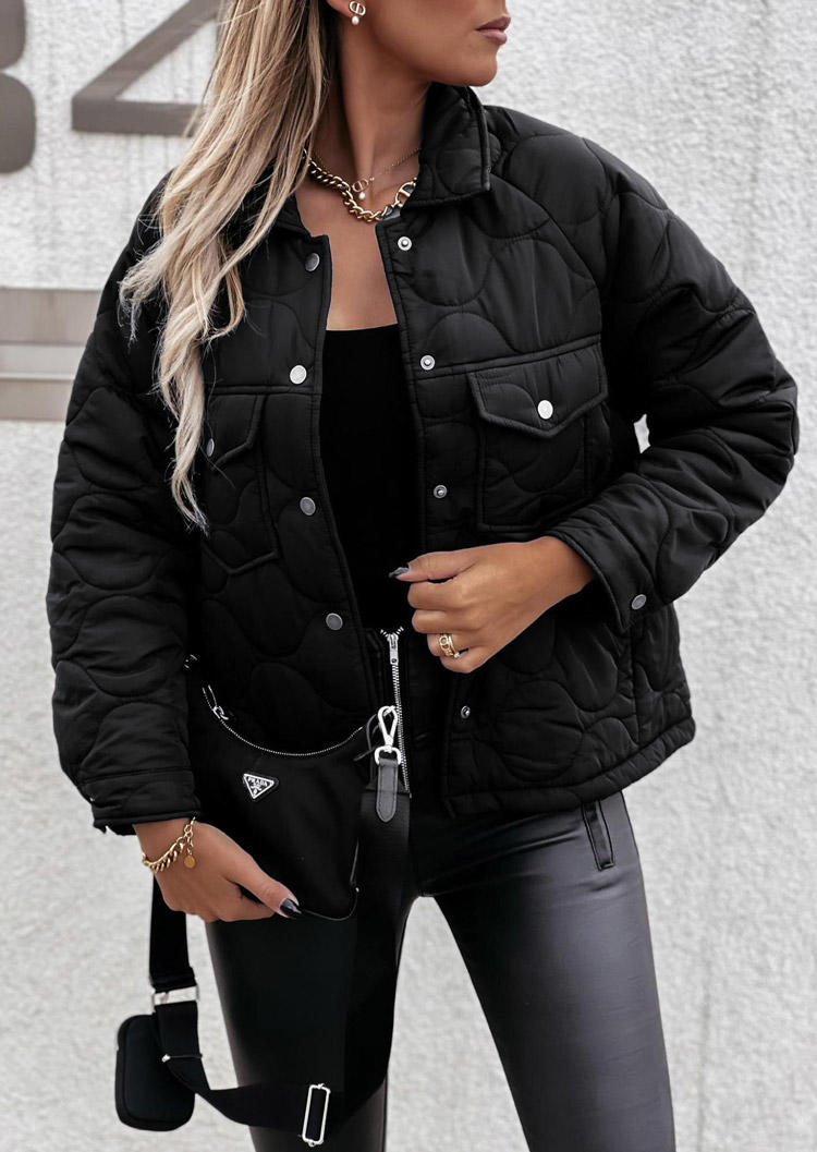 

Pocket Button Long Sleeve Parka Coat - Black, 520689