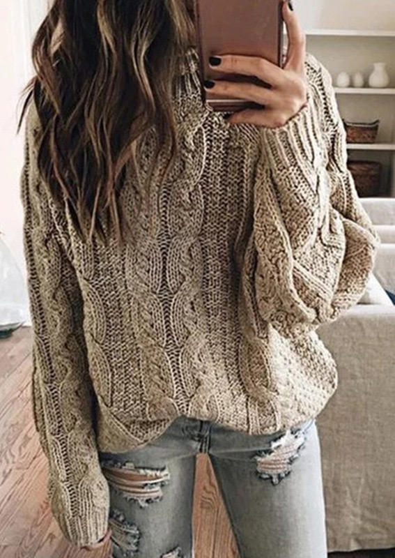 

Twist Crochet Long Sleeve Pullover Sweater - Khaki, 520742
