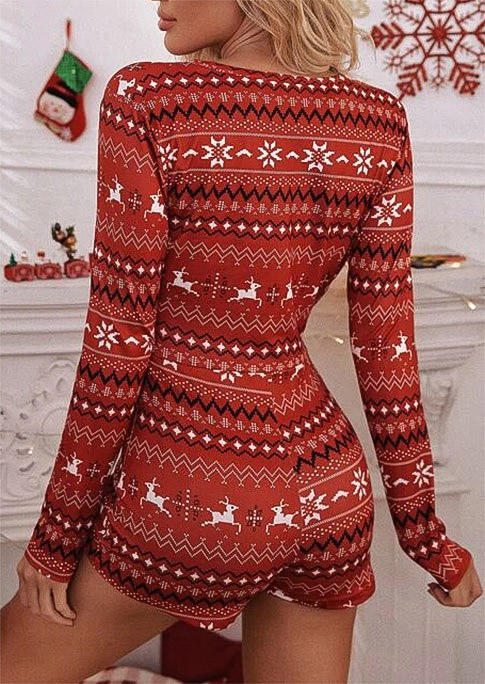 Christmas Reindeer Snowflake Button Romper - Red