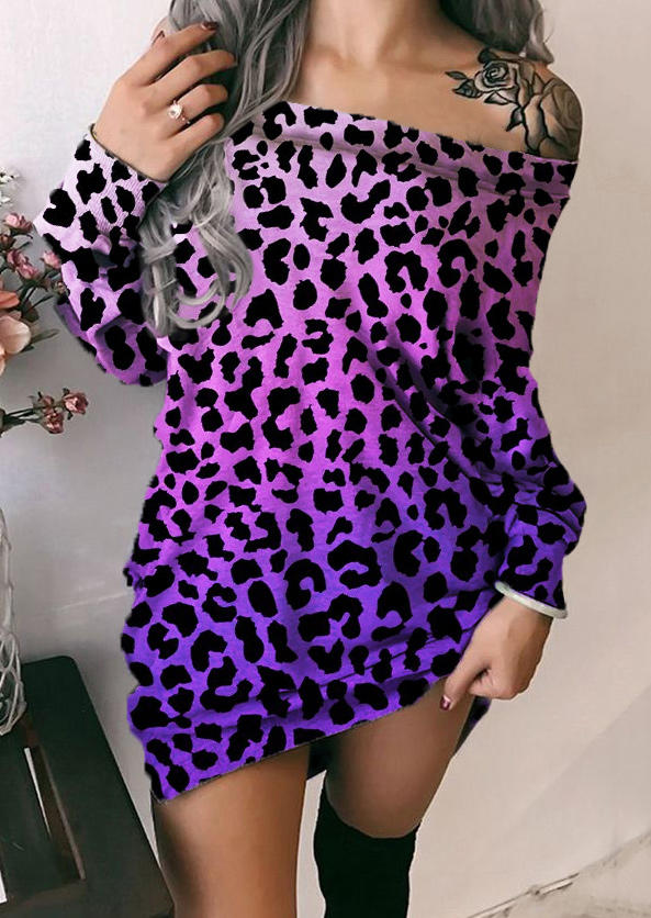 

Leopard Gradient Ruffled Off Shoulder Mini Dress - Purple, 520836