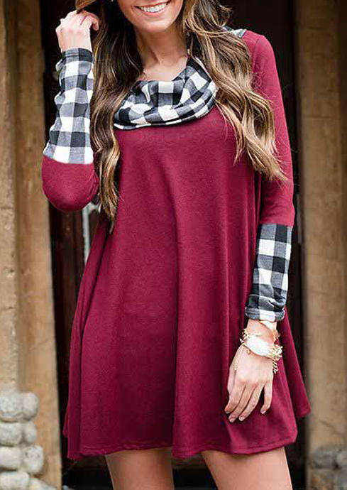 

Plaid Cowl Neck Long Sleeve Mini Dress - Burgundy, 520838