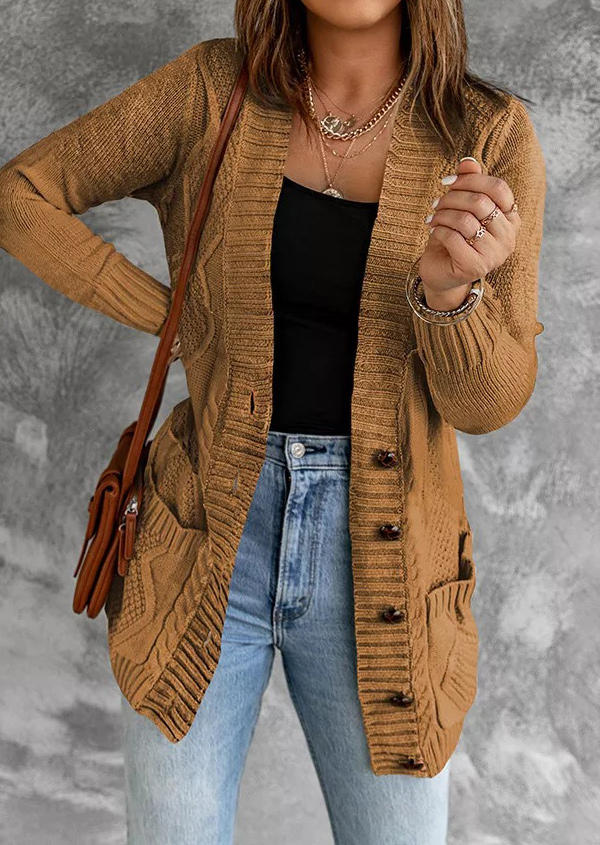 

Button Pocket Long Sleeve Cardigan - Brown, 520857