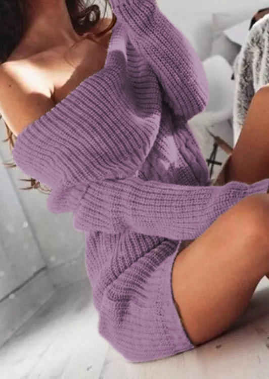 

Off Shoulder Long Sleeve Sweater Mini Dress - Purple, 520978
