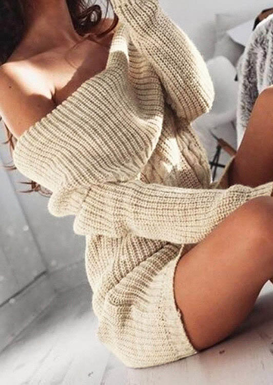 

Off Shoulder Long Sleeve Sweater Mini Dress - Apricot, 518609