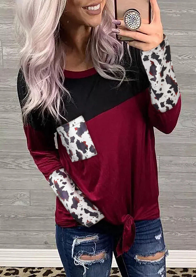 

Cow Color Block Pocket Long Sleeve Blouse - Burgundy, Red, 519868