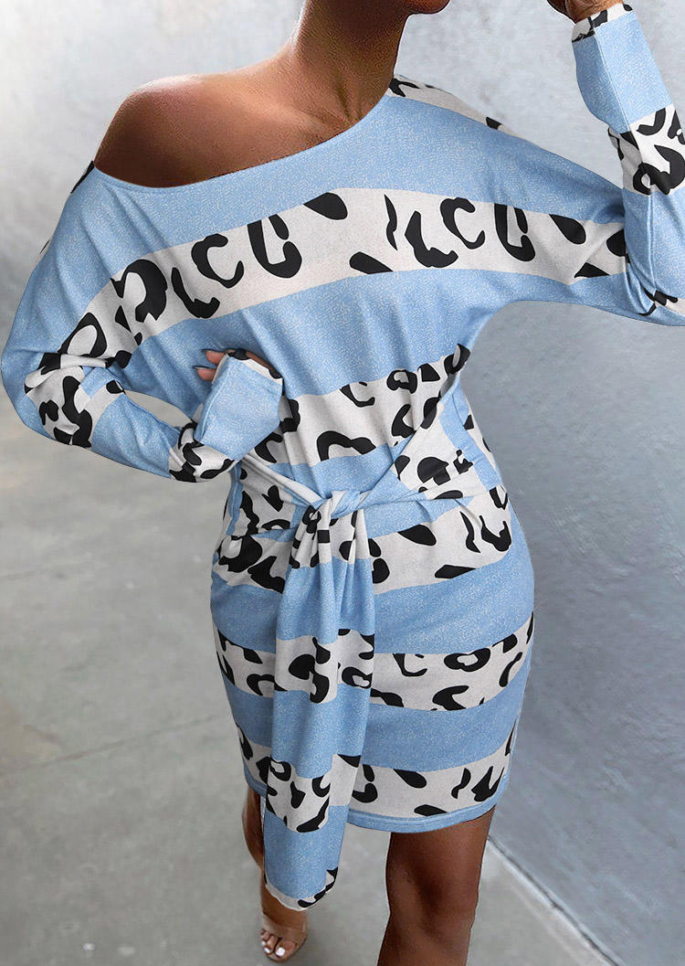 Leopard Tie Long Sleeve Mini Dress - Blue