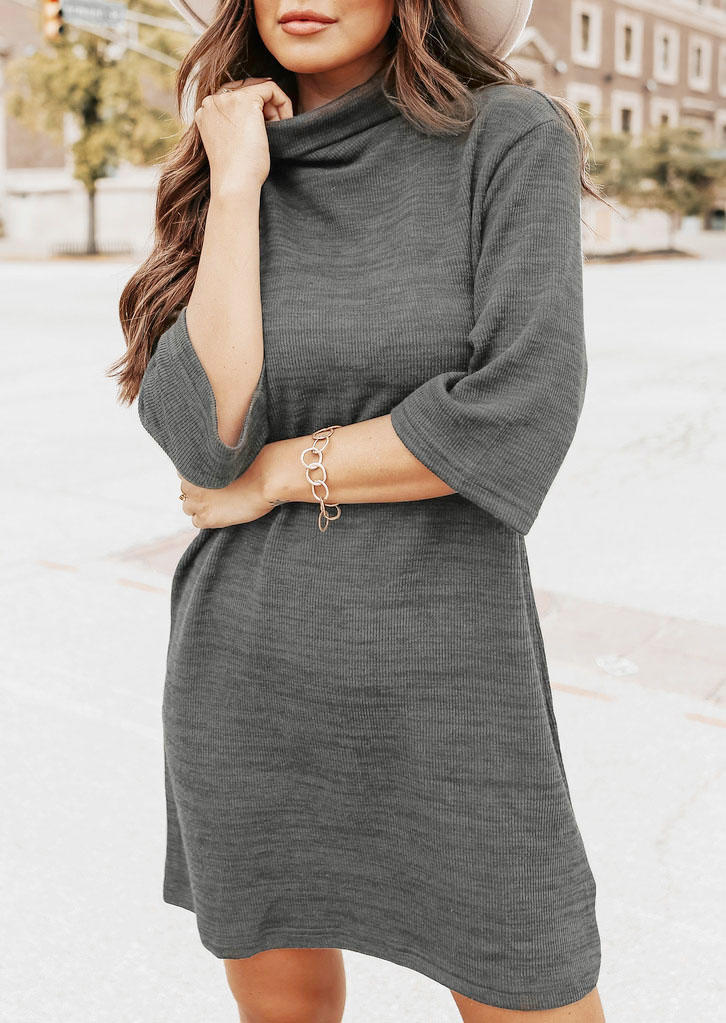 Turtleneck Three Quarter Sleeve Mini Dress - Gray