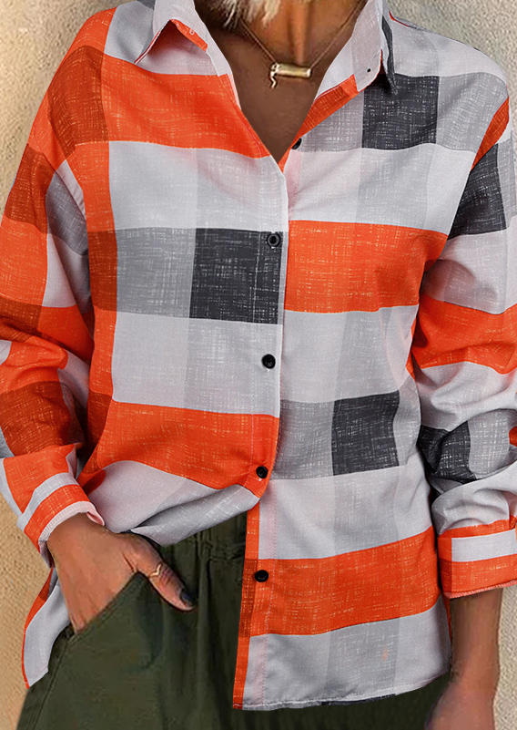 

Plaid Button Turn-Down Collar Shirt - Orange, 520320