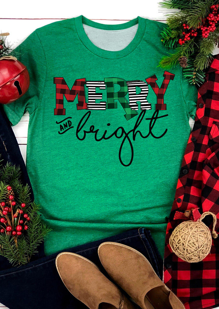 Buy Merry And Bright Buffalo Plaid T-Shirt Tee - Green. Picture