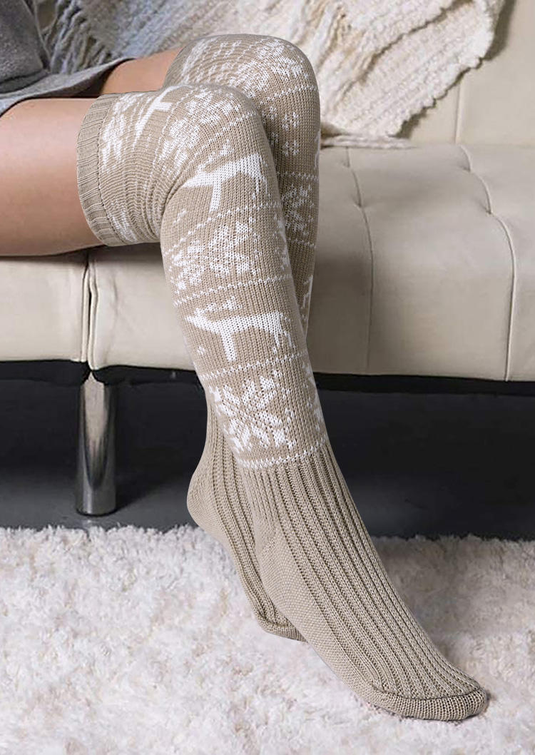 

Christmas Reindeer Snowflake Over Knee Long Socks, Gray, 520367