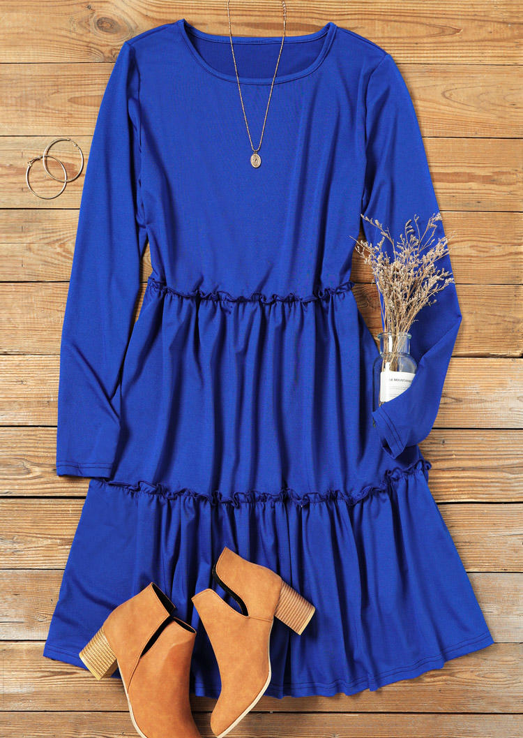 Ruffled Long Sleeve O-Neck Mini Dress - Blue