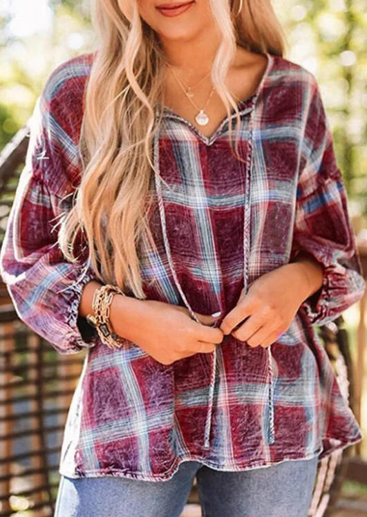 

Plaid Elastic Cuff Drop-shoulder Blouse, 520474