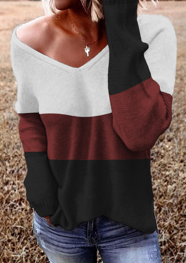 

Color Block Long Sleeve V-Neck Sweater - Burgundy, Red, 520483