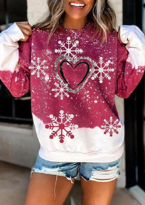 

Christmas Snowflake Heart Long Sleeve Sweatshirt - Rose Red, 520602