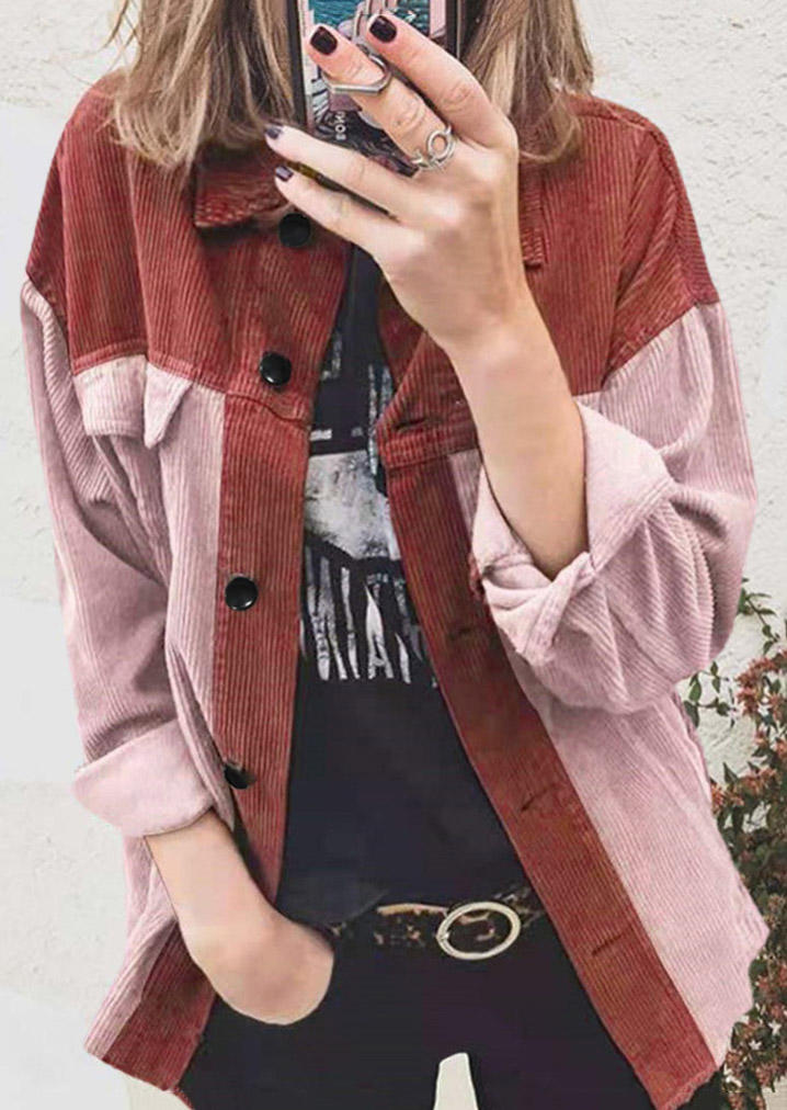 

Corduroy Color Block Long Sleeve Shirt Coat, Multicolor, 520803