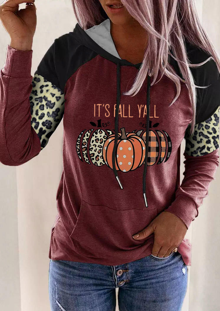 

It' Fall Y'all Leopard Plaid Pumpkin Kangaroo Pocket Hoodie, Multicolor, 519651