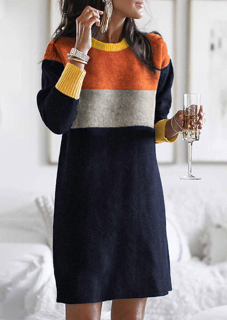 

Color Block Long Sleeve Knitted Mini Dress, Multicolor, 519957