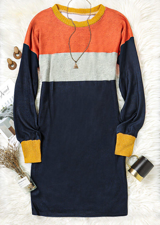 Color Block Long Sleeve Knitted Mini Dress