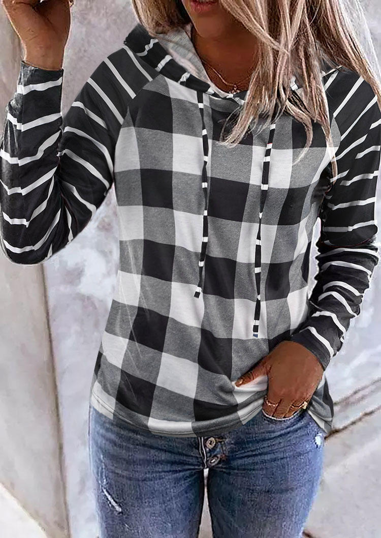 

Striped Plaid Long Sleeve Hooded Blouse, 520002