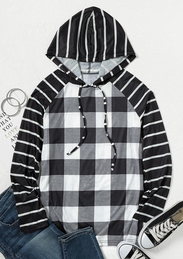 Striped Plaid Long Sleeve Hooded Blouse