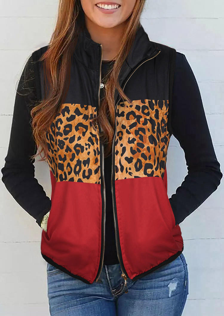 

Color Block Leopard Pocket Parka Vest Coat, Multicolor, 520381