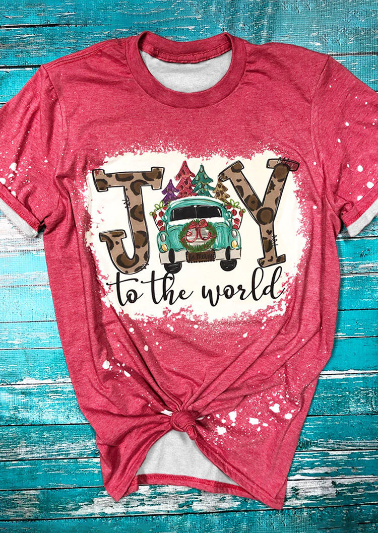 Christmas Joy To The World Leopard Bleached T-Shirt Tee - Rose Red