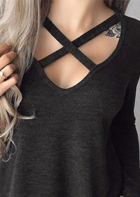 Criss-Cross Long Sleeve Mini Dress - Black