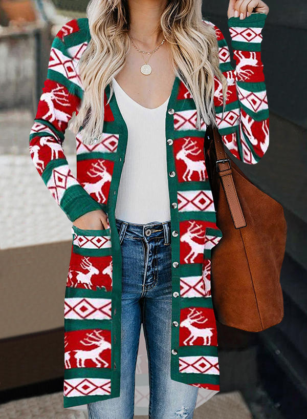 

Christmas Reindeer Pocket Long Sleeve Cardigan, Multicolor, 520600