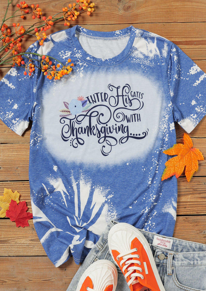 

Thanksgiving Bleached O-Neck T-Shirt Tee - Blue, 520843