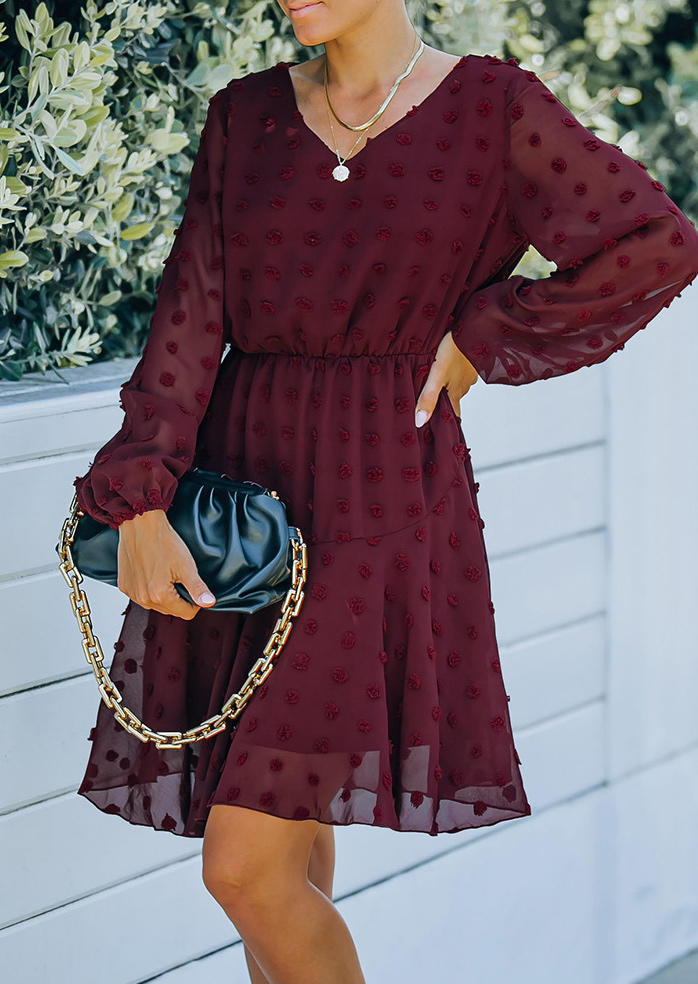 

Mesh Dotted Swiss Elastic Cuff Mini Dress - Burgundy, 520853