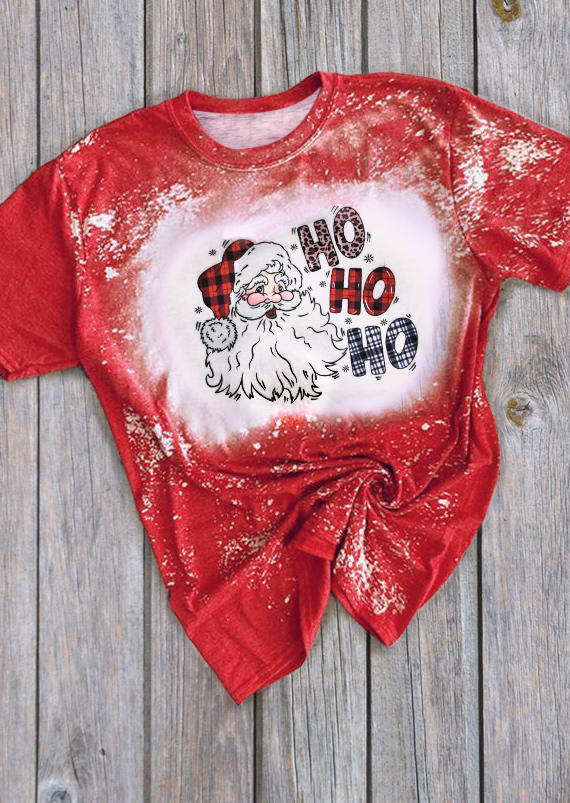 Christmas Santa Ho Ho Ho Plaid Leopard Bleached T-Shirt Tee - Red